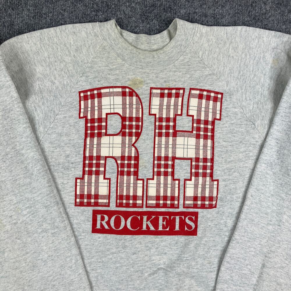 RH Rockets Sweatshirt Mens L Gray Plaid Graphic Crewneck Vintage 90s
